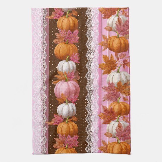 Autumn Pumpkins & Floral Lace Seamless Pattern (2) Tea Towel (Vertical)