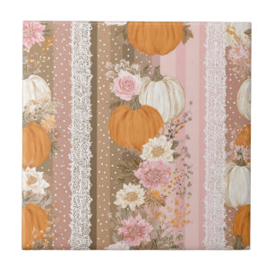 Autumn Pumpkins & Floral Lace Seamless Pattern Ceramic Tile