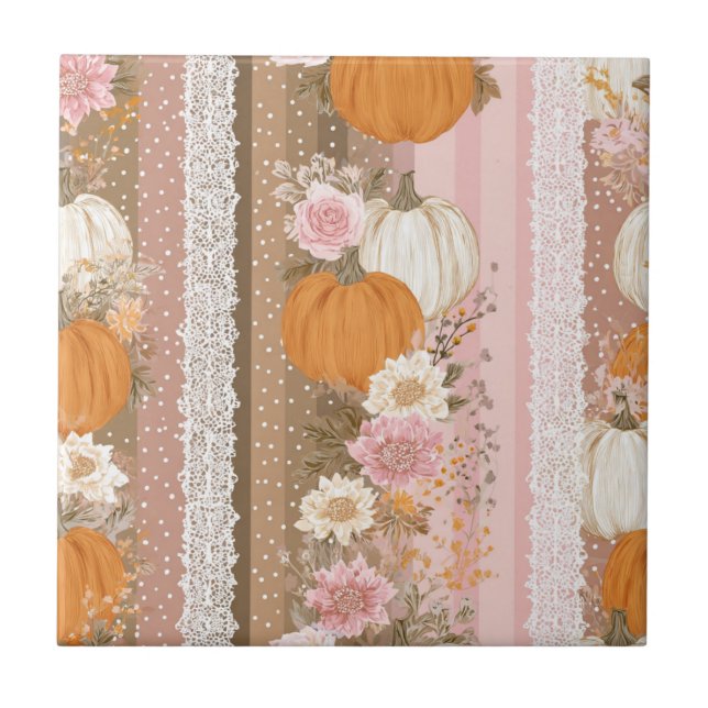 Autumn Pumpkins & Floral Lace Seamless Pattern Ceramic Tile (Front)