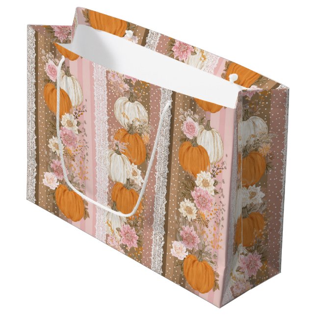 Autumn Pumpkins & Floral Lace Seamless Pattern Large Gift Bag (Front Angled)