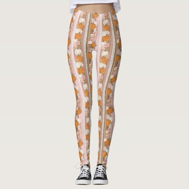 Autumn Pumpkins & Floral Lace Seamless Pattern Leggings (Front)