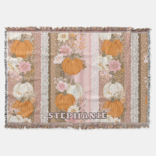 Autumn Pumpkins & Floral Lace Seamless Pattern Throw Blanket
