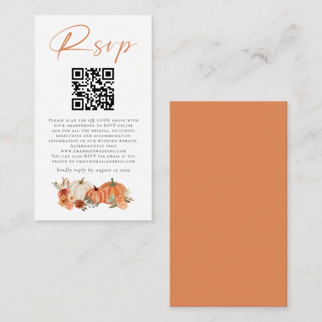 Autumn Pumpkins Florals QR Code Wedding RSVP  Enclosure Card (Front/Back)