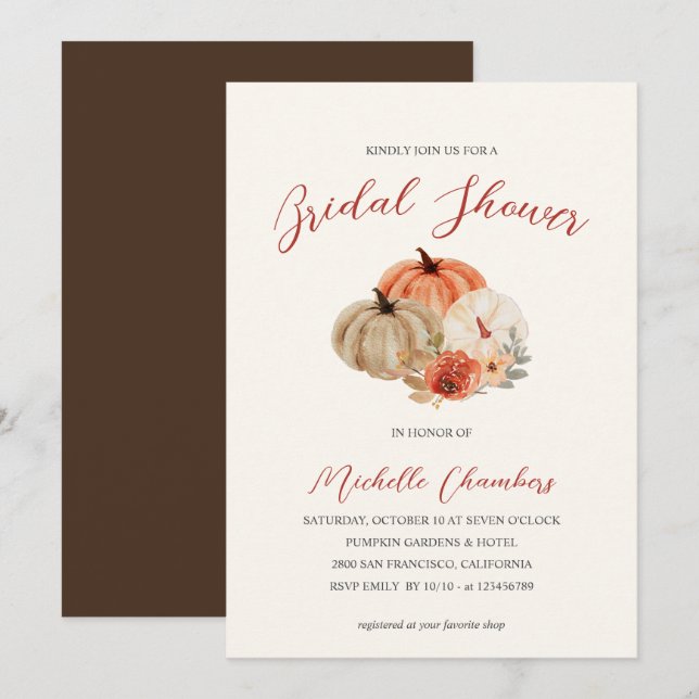 Autumn Pumpkins  Flowers Elegant Bridal Shower Invitation (Front/Back)