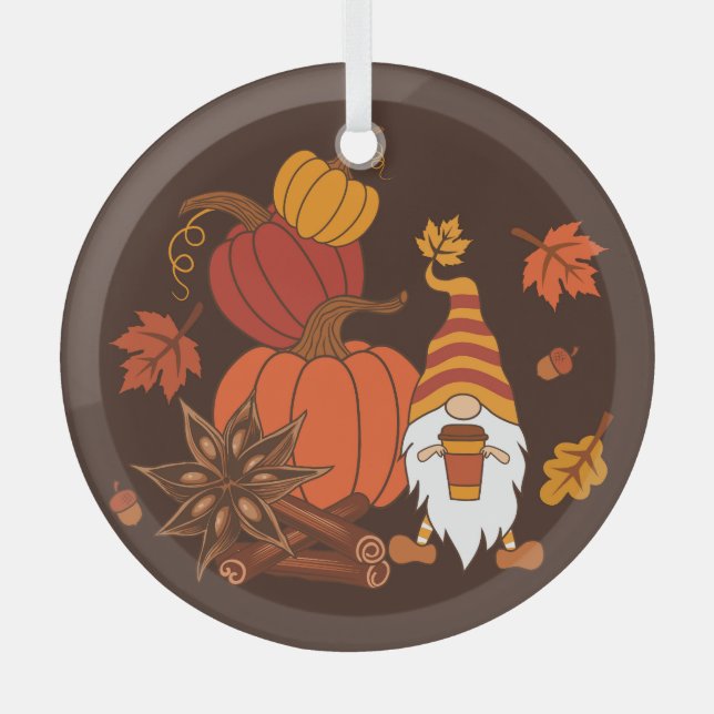 Autumn Pumpkins Gnome Spice Card Glass Tree Decoration (Front)