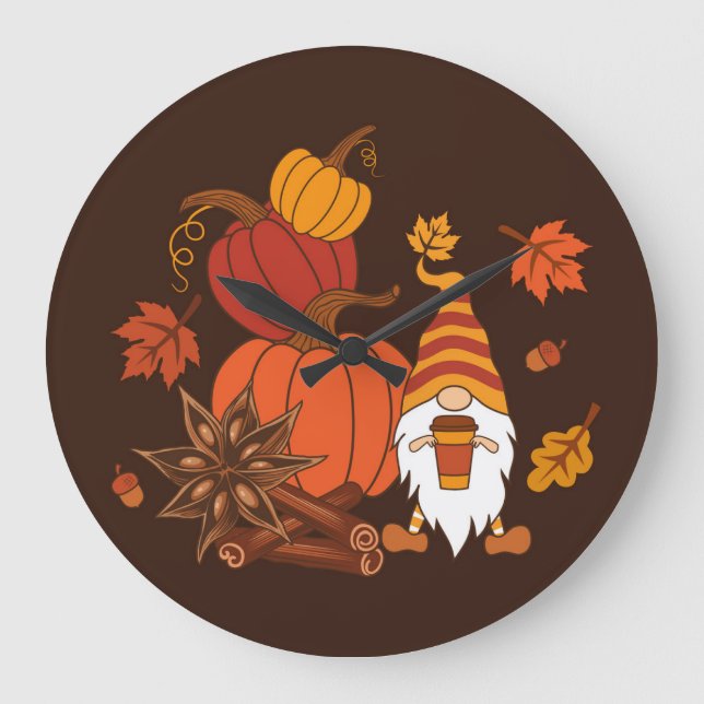 Autumn Pumpkins Gnome Spice Card Large Clock (Front)