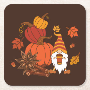Autumn Pumpkins Gnome Spice Card Square Paper Coaster