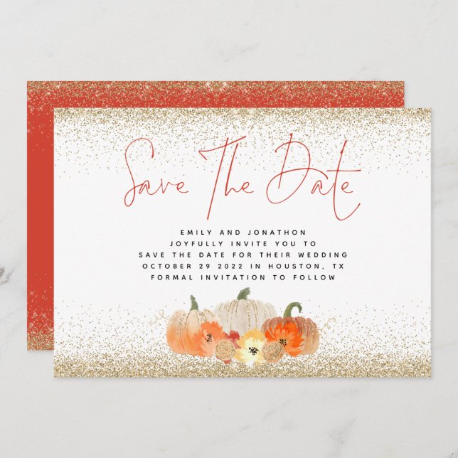 Autumn Pumpkins Gold Glitter QR Code Wedding Save The Date (Front/Back)
