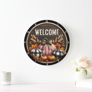 Autumn Pumpkins Harvest Rustic Wooden Background Large Clock