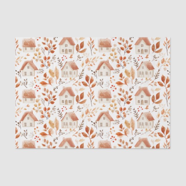 Autumn Pumpkins, Houses, Leaves Pattern Decoupage Tissue Paper (Front)