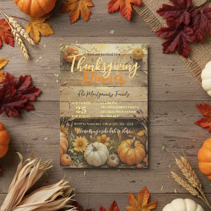 Autumn Pumpkins Leaves on Rustic Wood Thanksgiving Invitation