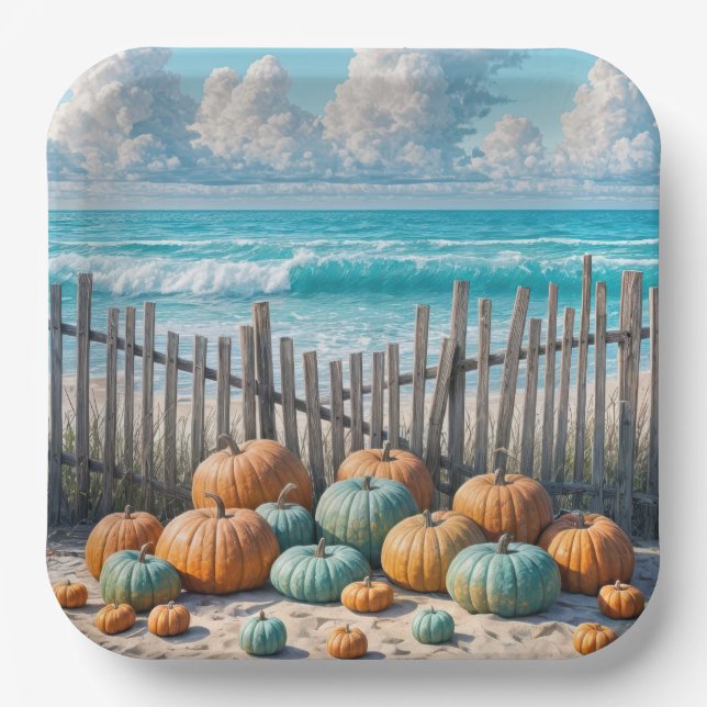 Autumn Pumpkins On a Beach Paper Plate (Front)