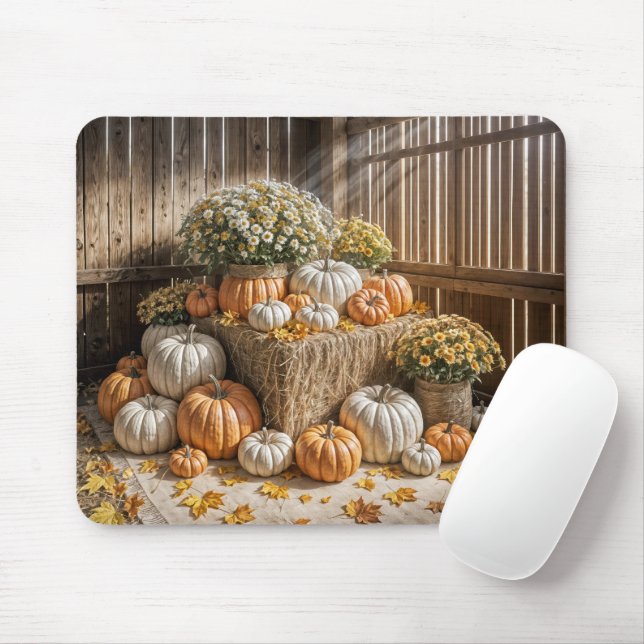 Autumn Pumpkins On A Hay Bale Mouse Pad (With Mouse)