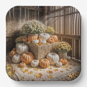 Autumn Pumpkins On A Hay Bale Paper Plate