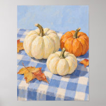 Autumn Pumpkins on Blue Gingham Tablecloth