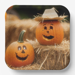 Autumn Pumpkins On Hay Bales Paper Plate