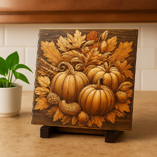 Autumn Pumpkins on Wood Decorative Ceramic Tile
