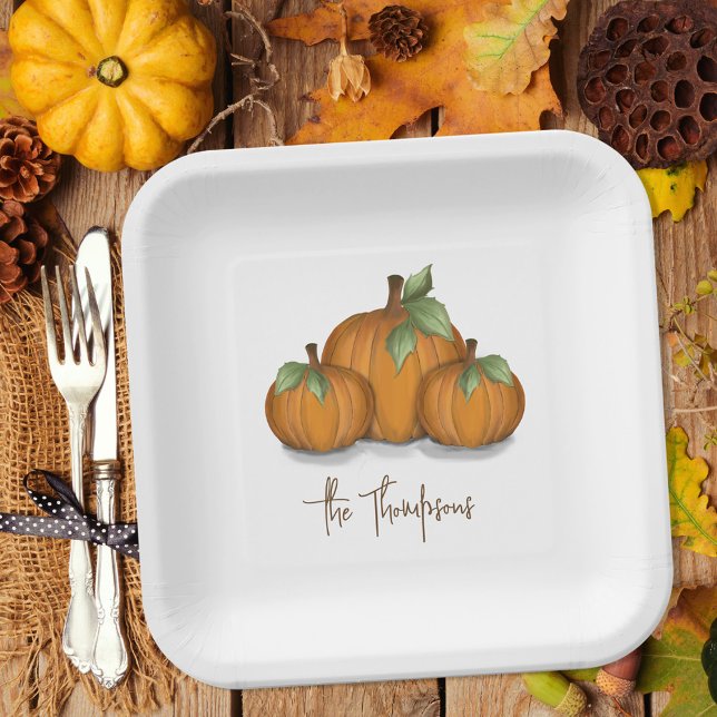 Autumn Pumpkins Personalised Paper Plate (Fall autumn square paper plate with cute modern calligraphy script. )