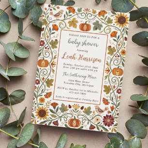 Autumn Pumpkins Sunflowers Folk Art Baby Shower Invitation