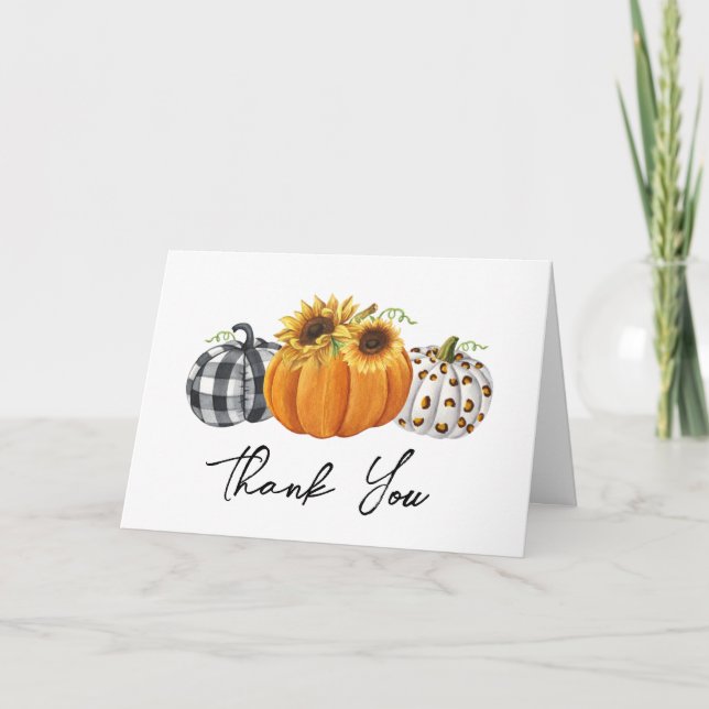 Autumn Pumpkins & Sunflowers Plaid Leopard Thank You Card (Front)
