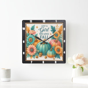 Autumn Pumpkins Sunflowers Teal Orange Square Wall Clock