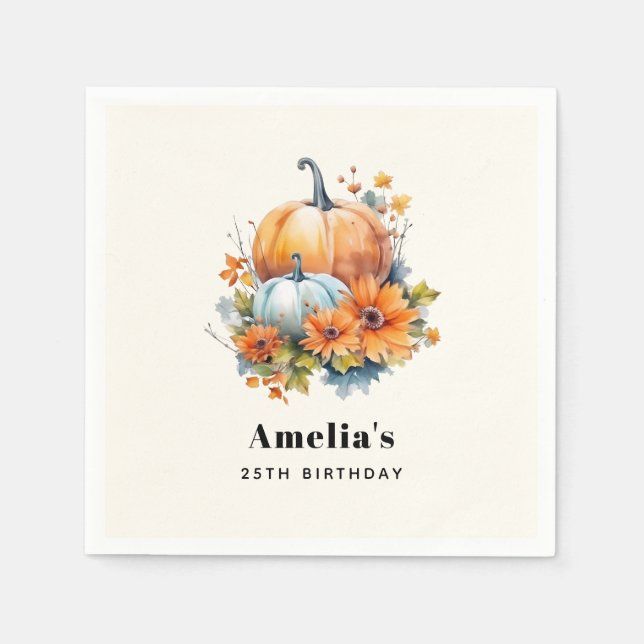 Autumn Pumpkins with Flowers and Foliage Birthday Napkin (Front)