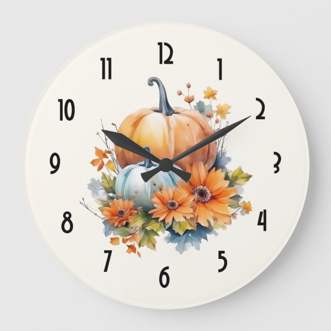 Autumn Pumpkins with Flowers and Foliage Large Clock (Front)