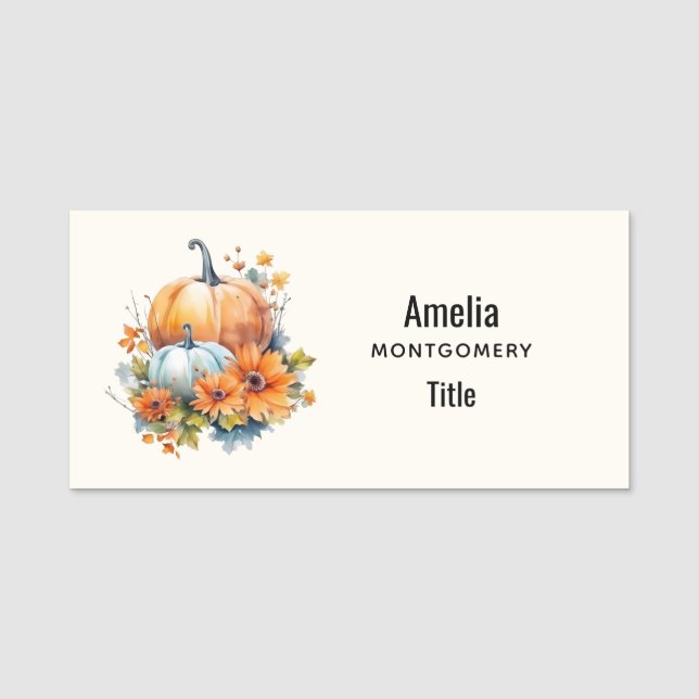 Autumn Pumpkins with Flowers and Foliage Name Tag (Front)