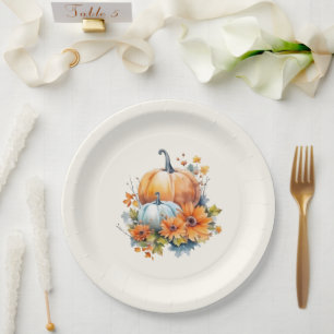 Autumn Pumpkins with Flowers and Foliage Paper Plate