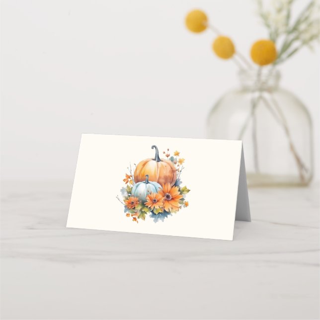 Autumn Pumpkins with Flowers and Foliage Place Card (Front)