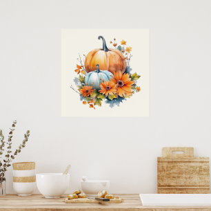 Autumn Pumpkins with Flowers and Foliage Poster