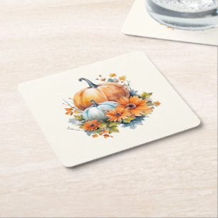 Autumn Pumpkins with Flowers and Foliage Square Paper Coaster