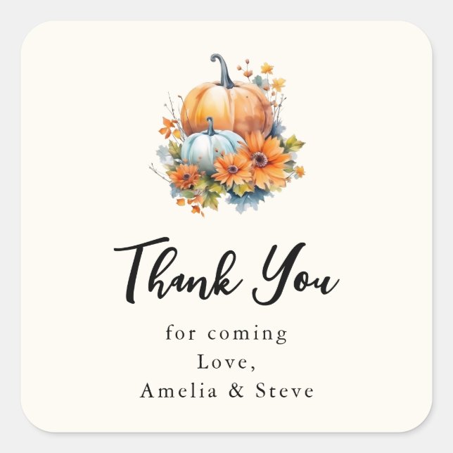 Autumn Pumpkins with Flowers and Foliage Thank You Square Sticker (Front)