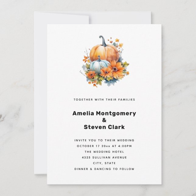 Autumn Pumpkins with Flowers and Foliage Wedding Invitation (Front)