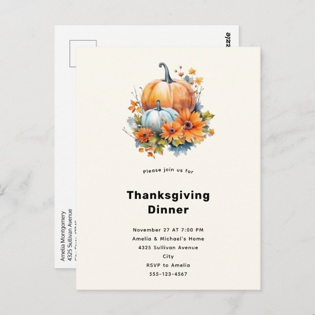 Autumn Pumpkins with Flowers Thanksgiving Dinner Postcard (Front/Back)