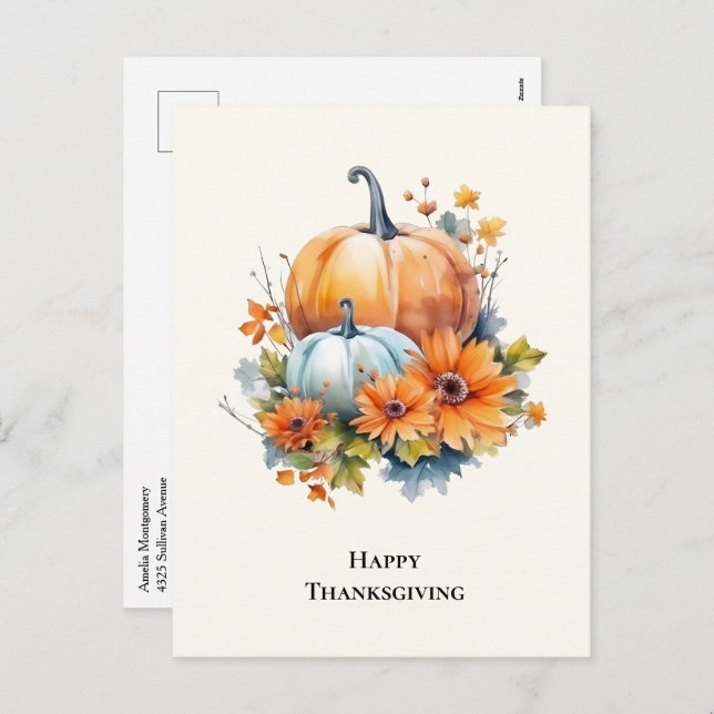 Autumn Pumpkins with Flowers Thanksgiving Holiday Postcard (Front/Back)