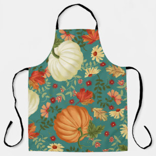 Autumn pumpkins with teal background pattern. Mapl Apron