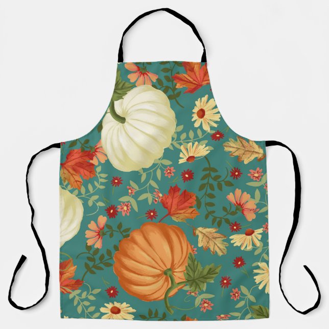 Autumn pumpkins with teal background pattern. Mapl Apron (Front)