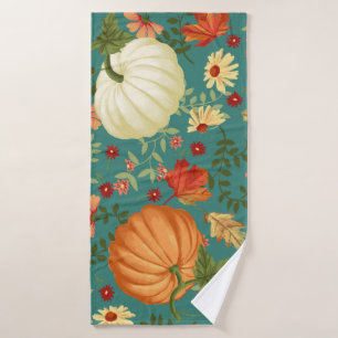 Autumn pumpkins with teal background pattern. Mapl Bath Towel