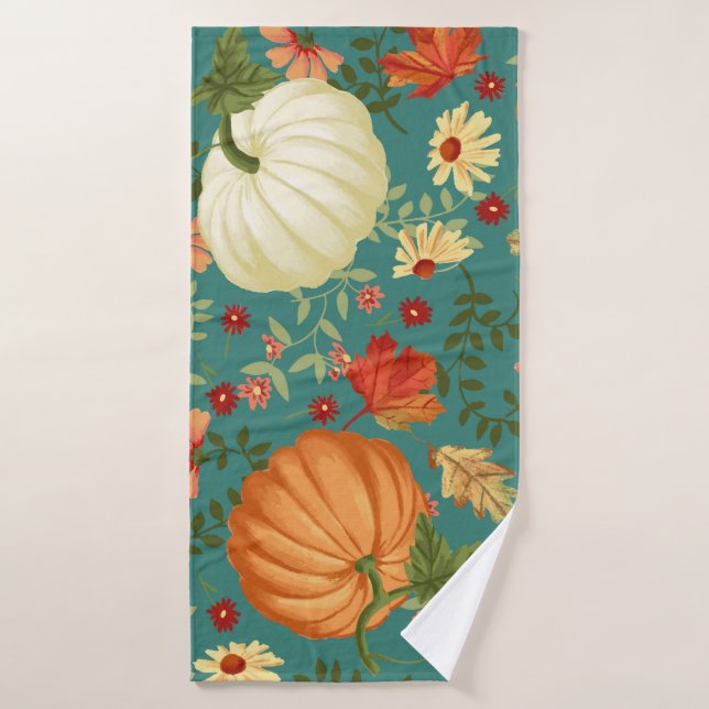 Autumn pumpkins with teal background pattern. Mapl Bath Towel (Bath Towel)