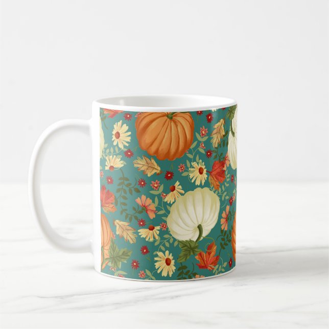 Autumn pumpkins with teal background pattern. Mapl Coffee Mug (Left)