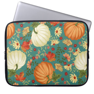 Autumn pumpkins with teal background pattern. Mapl Laptop Sleeve
