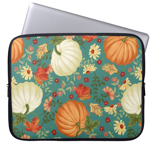 Autumn pumpkins with teal background pattern. Mapl Laptop Sleeve (Front)