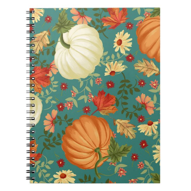 Autumn pumpkins with teal background pattern. Mapl Notebook (Front)