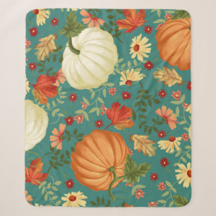 Autumn pumpkins with teal background pattern. Mapl Sherpa Blanket