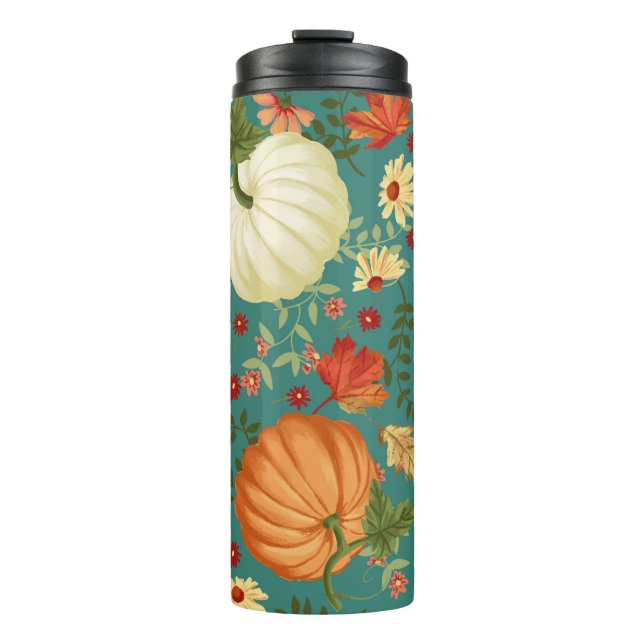 Autumn pumpkins with teal background pattern. Mapl Thermal Tumbler (Front)