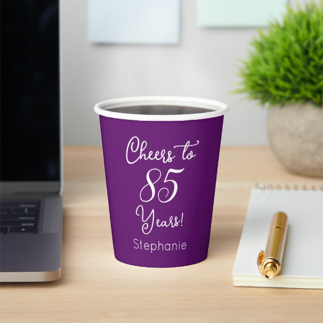 Autumn Purple Cheers to 85 Years 85th Birthday Paper Cups (Insitu)