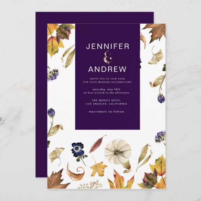autumn purple foliage and floral Wedding Invitation (Front/Back)