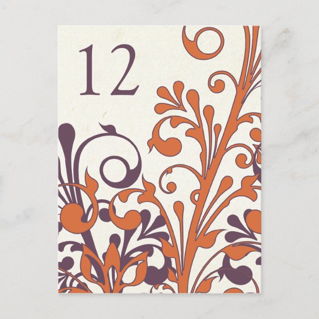 Autumn Purple Orange Floral Wedding Table Card (Front)