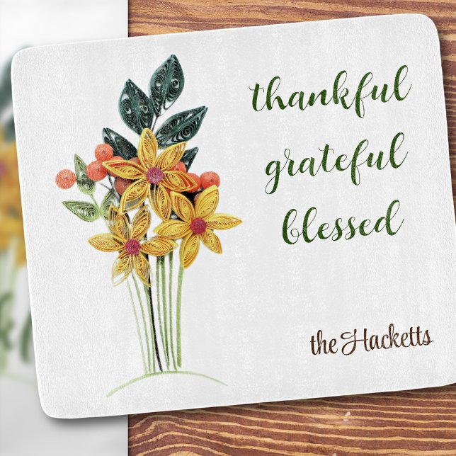 Autumn Quilled Flowers Print Glass Cutting Board (Creator Uploaded)